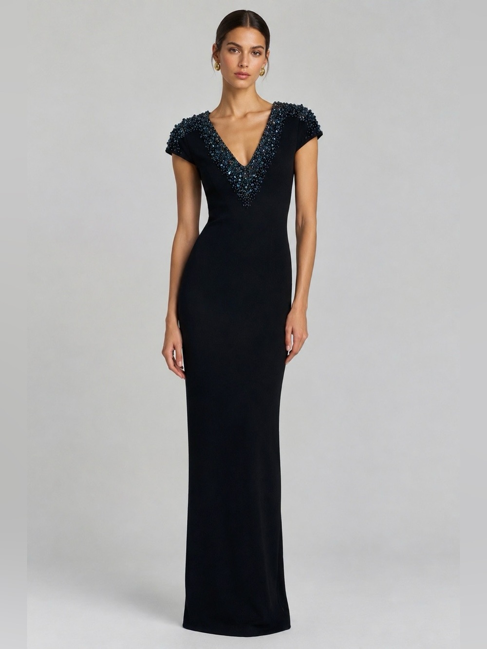 BADGLEY MISCHKA COLLECTION Beaded & Sequin V-Neck Cap Sleeve Old Money Gown 4